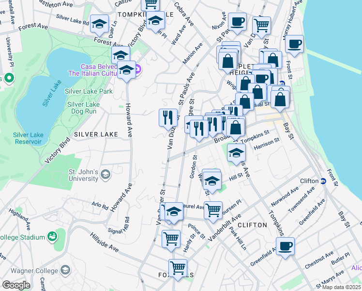 map of restaurants, bars, coffee shops, grocery stores, and more near 101 Targee Street in Staten Island