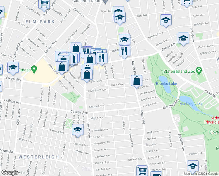 map of restaurants, bars, coffee shops, grocery stores, and more near 162 Egbert Avenue in Staten Island