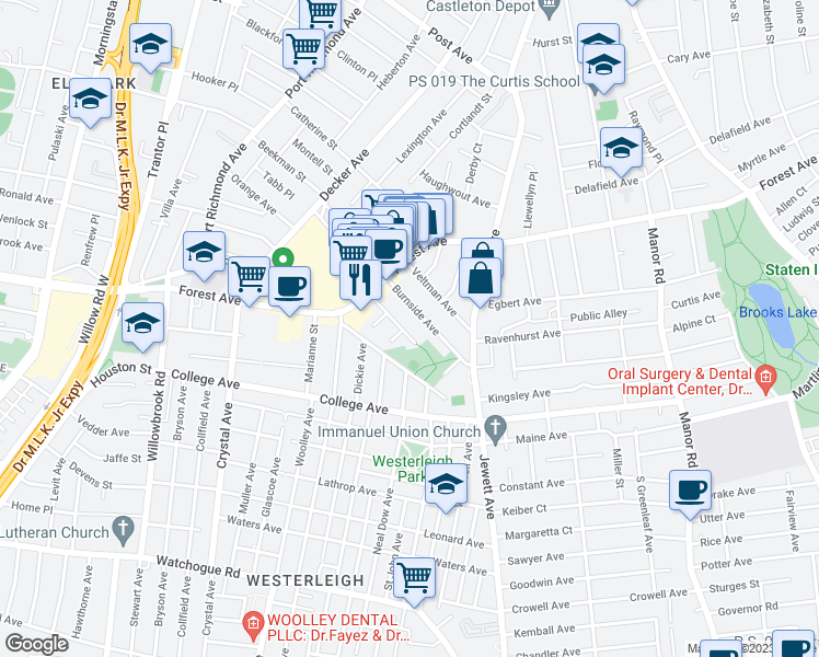 map of restaurants, bars, coffee shops, grocery stores, and more near 39 Burnside Avenue in Staten Island