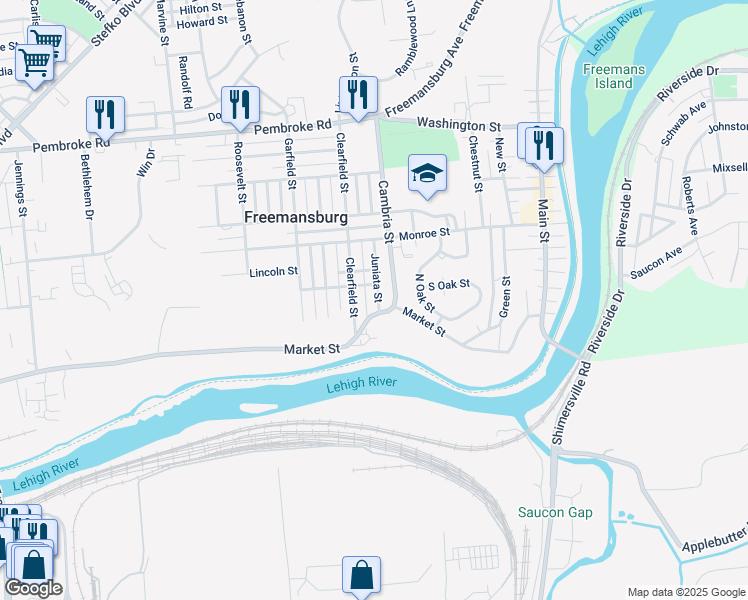 map of restaurants, bars, coffee shops, grocery stores, and more near 203 Juniata Street in Freemansburg