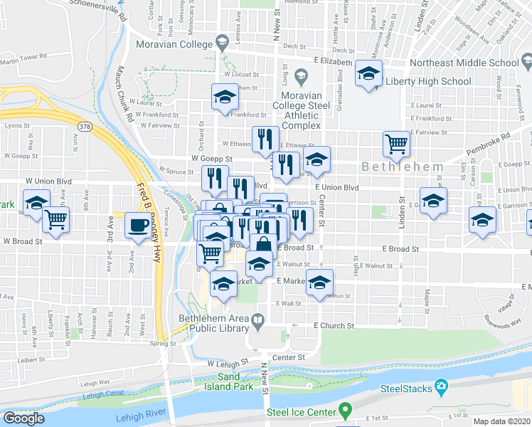 map of restaurants, bars, coffee shops, grocery stores, and more near 728 North New Street in Bethlehem