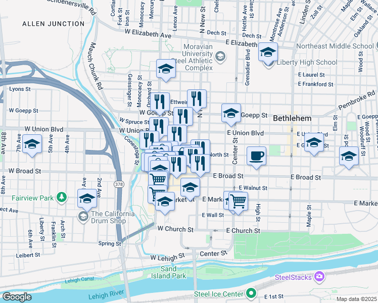 map of restaurants, bars, coffee shops, grocery stores, and more near 28 West Garrison Street in Bethlehem