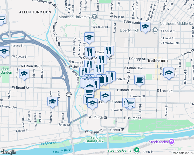map of restaurants, bars, coffee shops, grocery stores, and more near 70 West Garrison Street in Bethlehem
