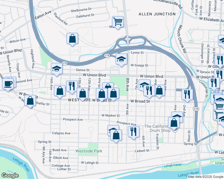 map of restaurants, bars, coffee shops, grocery stores, and more near 721 10th Avenue in Bethlehem