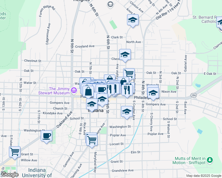 map of restaurants, bars, coffee shops, grocery stores, and more near 103 North 6th Street in Indiana