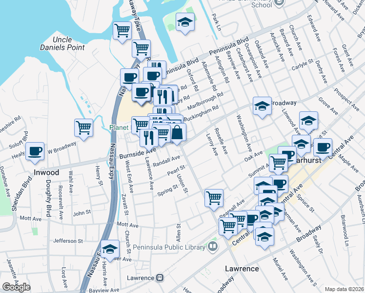 map of restaurants, bars, coffee shops, grocery stores, and more near 535 Rockaway Turnpike in Cedarhurst