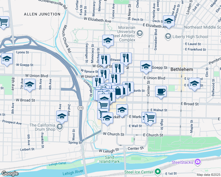 map of restaurants, bars, coffee shops, grocery stores, and more near 62 West North Street in Bethlehem