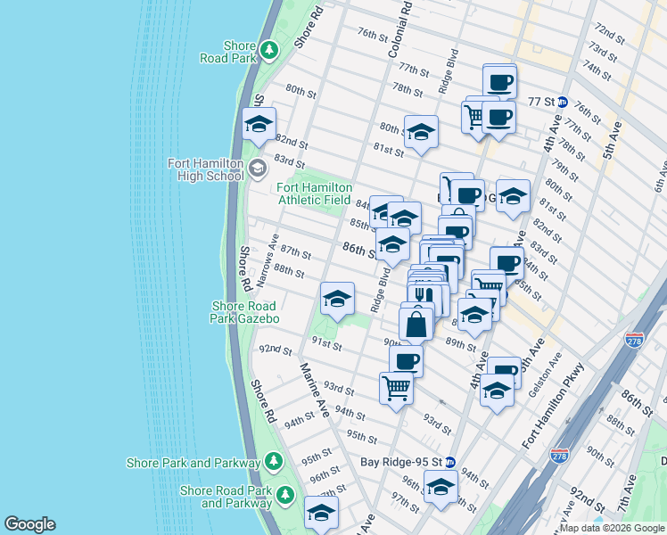 map of restaurants, bars, coffee shops, grocery stores, and more near 90 86th Street in Brooklyn