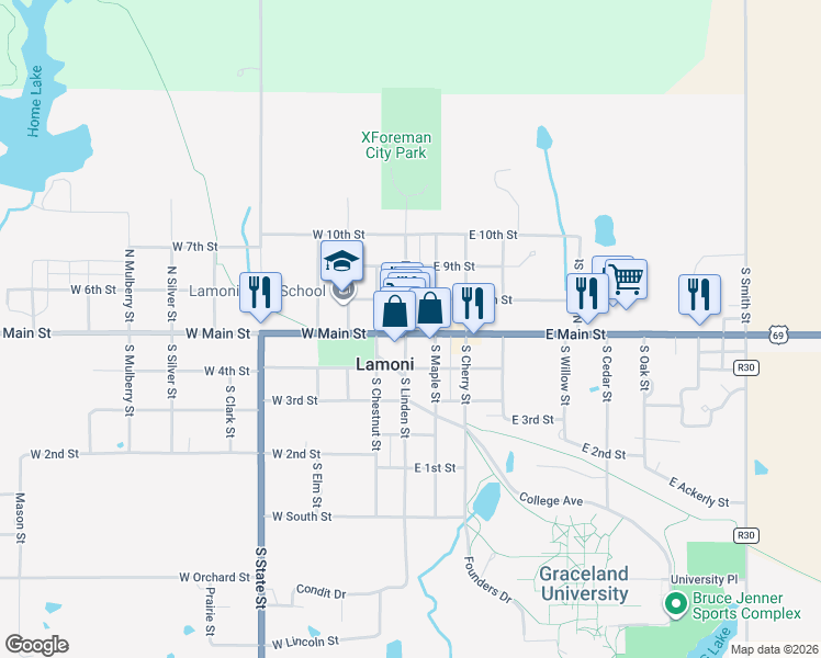 map of restaurants, bars, coffee shops, grocery stores, and more near 101-199 E 8th St in Lamoni