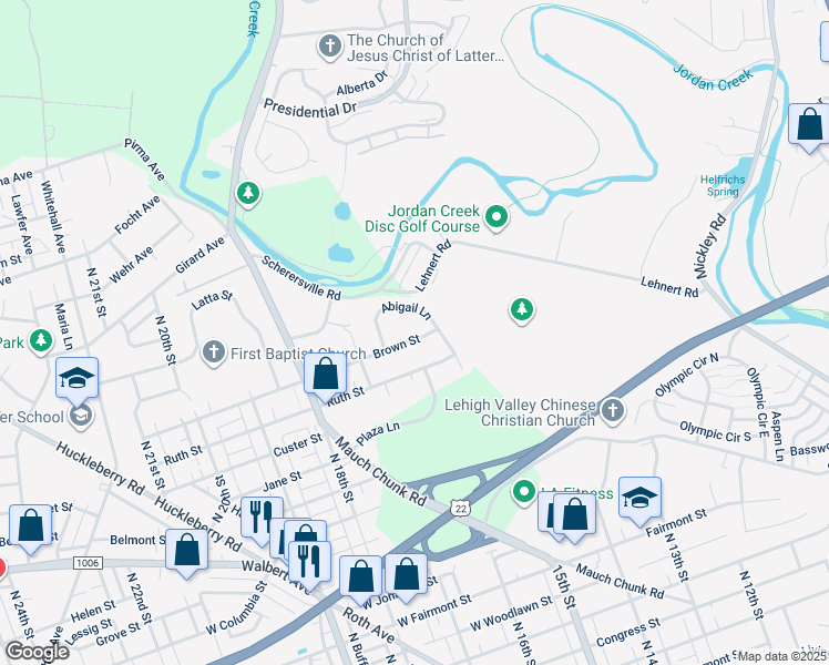 map of restaurants, bars, coffee shops, grocery stores, and more near 1597 Brown Street in Allentown