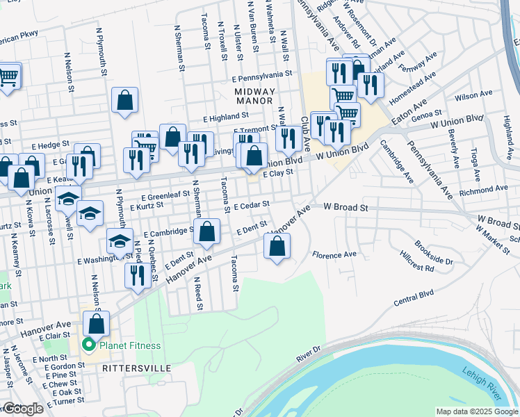 map of restaurants, bars, coffee shops, grocery stores, and more near 2116 East Cedar Street in Allentown