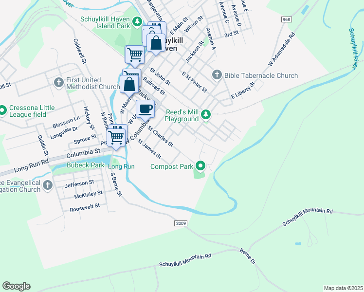 map of restaurants, bars, coffee shops, grocery stores, and more near 321 Saint Charles Street in Schuylkill Haven