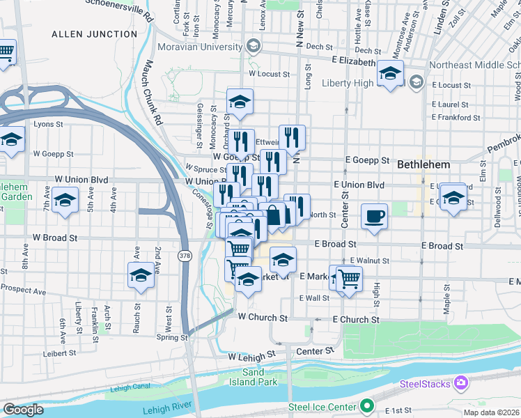 map of restaurants, bars, coffee shops, grocery stores, and more near 70 West Garrison Street in Bethlehem