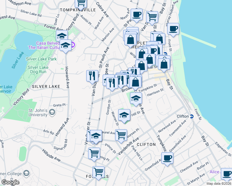 map of restaurants, bars, coffee shops, grocery stores, and more near 40 Hudson Street in Staten Island