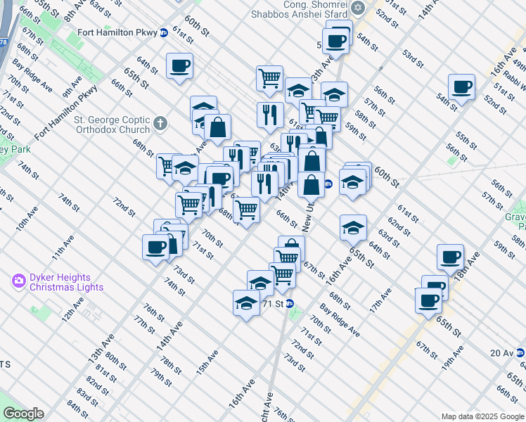 map of restaurants, bars, coffee shops, grocery stores, and more near 6616 14th Avenue in Brooklyn