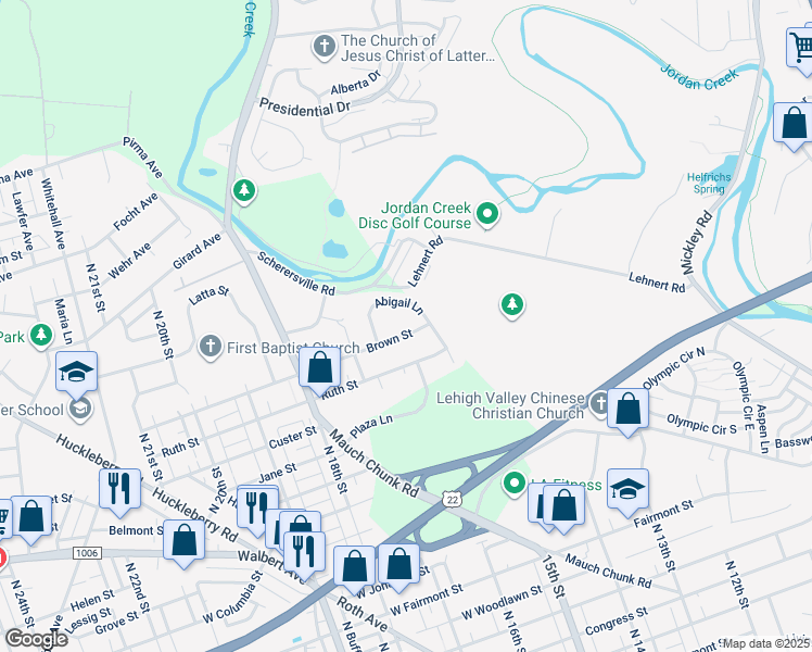 map of restaurants, bars, coffee shops, grocery stores, and more near 1597 Brown Street in Allentown