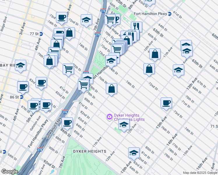 map of restaurants, bars, coffee shops, grocery stores, and more near 948 76th Street in Brooklyn