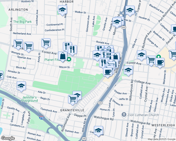 map of restaurants, bars, coffee shops, grocery stores, and more near 33 Eunice Place in Staten Island