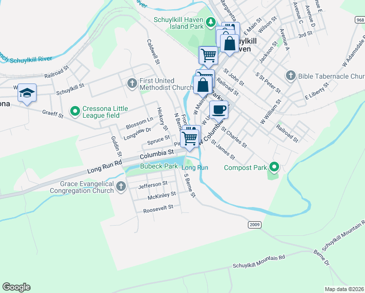 map of restaurants, bars, coffee shops, grocery stores, and more near 33 North Berne Street in Schuylkill Haven