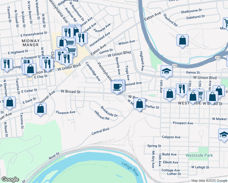 map of restaurants, bars, coffee shops, grocery stores, and more near 1926 West Broad Street in Bethlehem