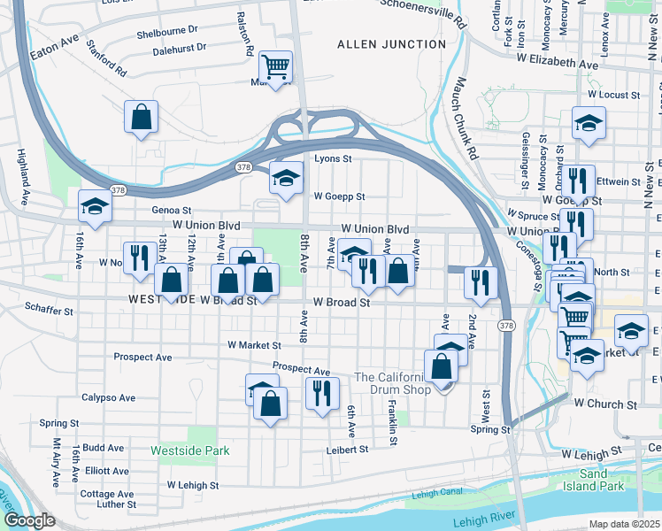 map of restaurants, bars, coffee shops, grocery stores, and more near in Bethlehem