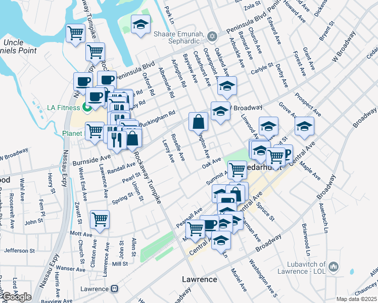 map of restaurants, bars, coffee shops, grocery stores, and more near 400 5th Avenue in Cedarhurst