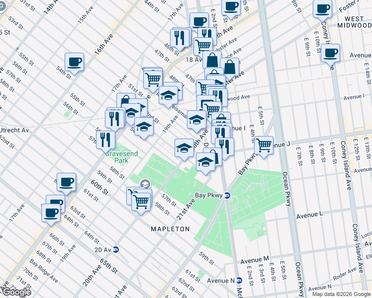 map of restaurants, bars, coffee shops, grocery stores, and more near 1965 52nd Street in Brooklyn