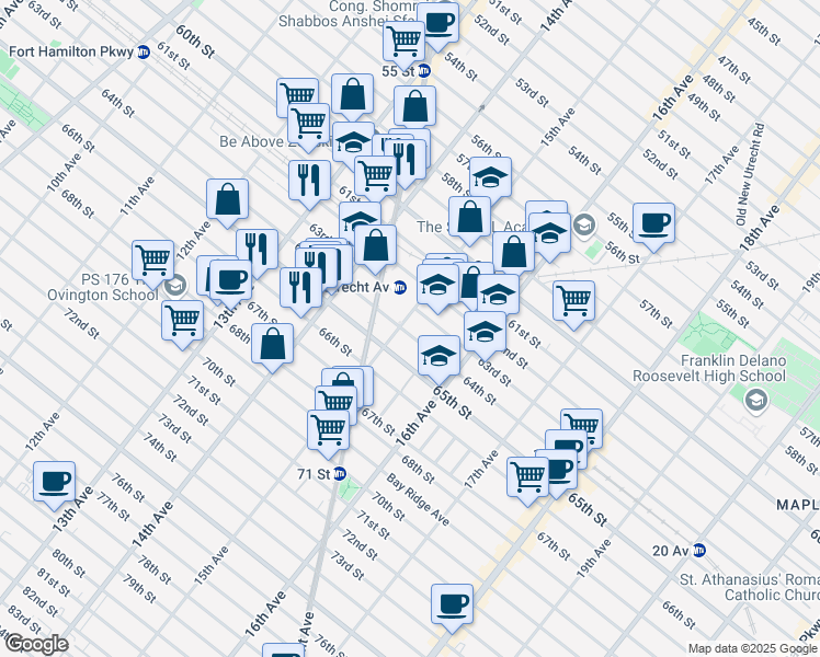 map of restaurants, bars, coffee shops, grocery stores, and more near 6310 15th Avenue in Brooklyn