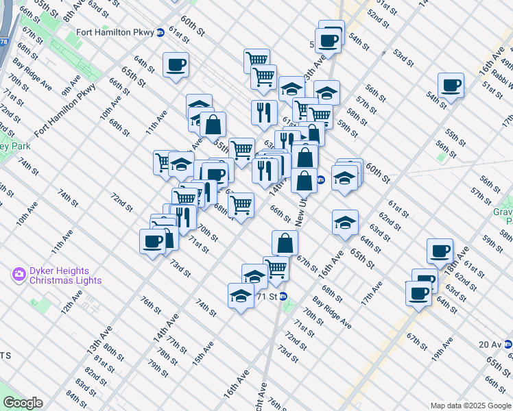 map of restaurants, bars, coffee shops, grocery stores, and more near 1350 66th Street in Brooklyn