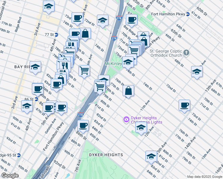 map of restaurants, bars, coffee shops, grocery stores, and more near 913 77th Street in Brooklyn