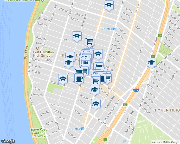 map of restaurants, bars, coffee shops, grocery stores, and more near 330 84th Street in Brooklyn