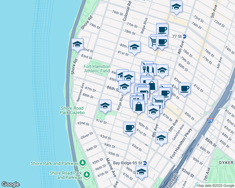 map of restaurants, bars, coffee shops, grocery stores, and more near 8524 Ridge Boulevard in Brooklyn