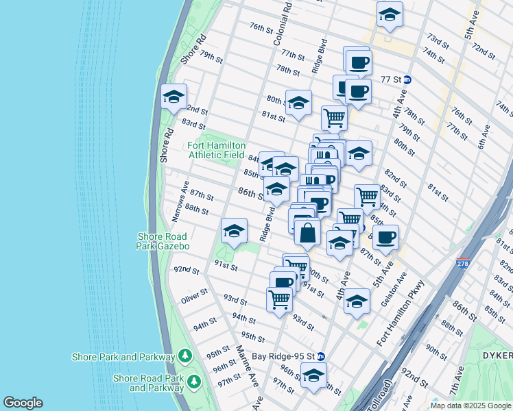 map of restaurants, bars, coffee shops, grocery stores, and more near 132 86th Street in Brooklyn