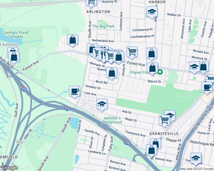 map of restaurants, bars, coffee shops, grocery stores, and more near 69 Birch Road in Staten Island