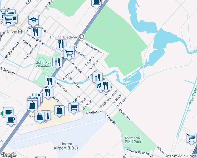 map of restaurants, bars, coffee shops, grocery stores, and more near 1404 Clinton Street in Linden