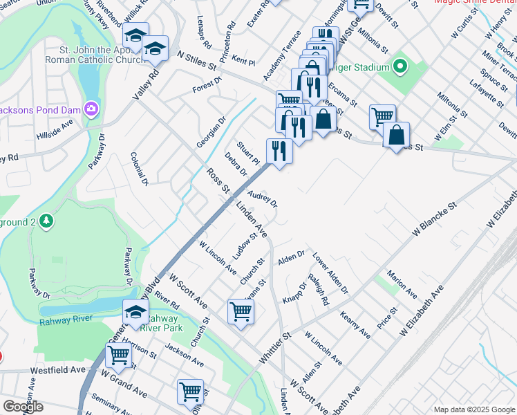 map of restaurants, bars, coffee shops, grocery stores, and more near 2423 Saint Georges Avenue in Rahway