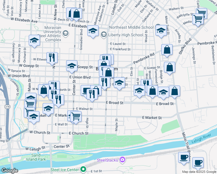map of restaurants, bars, coffee shops, grocery stores, and more near 739 Linden Street in Bethlehem