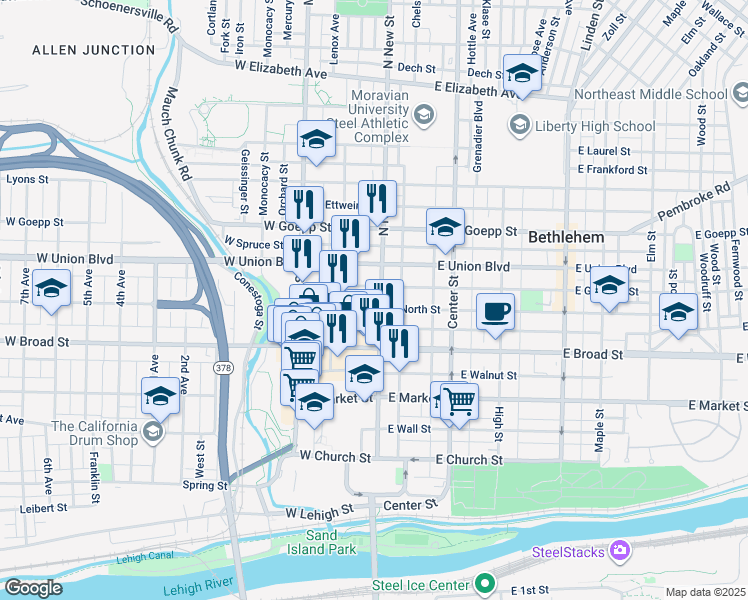 map of restaurants, bars, coffee shops, grocery stores, and more near 728 North New Street in Bethlehem