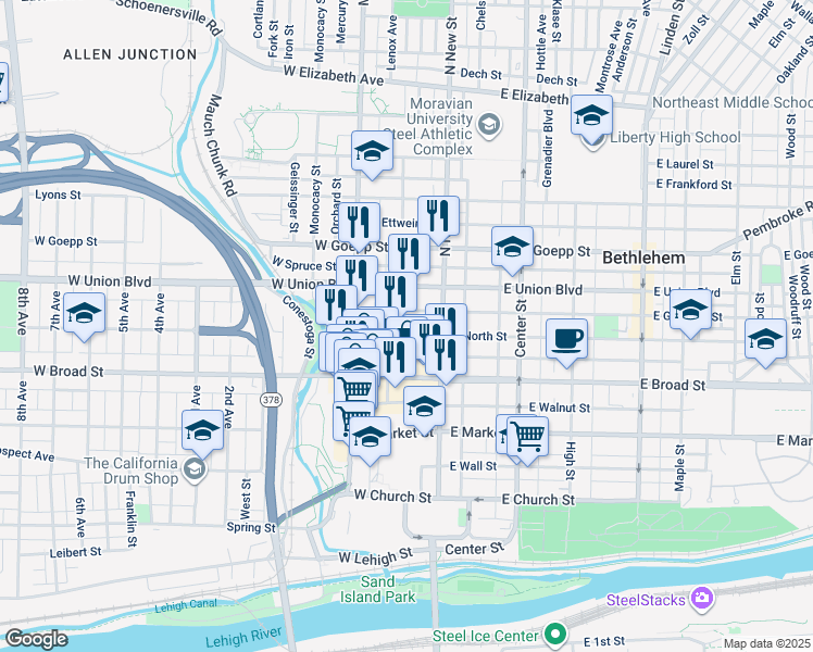 map of restaurants, bars, coffee shops, grocery stores, and more near 28 West Garrison Street in Bethlehem