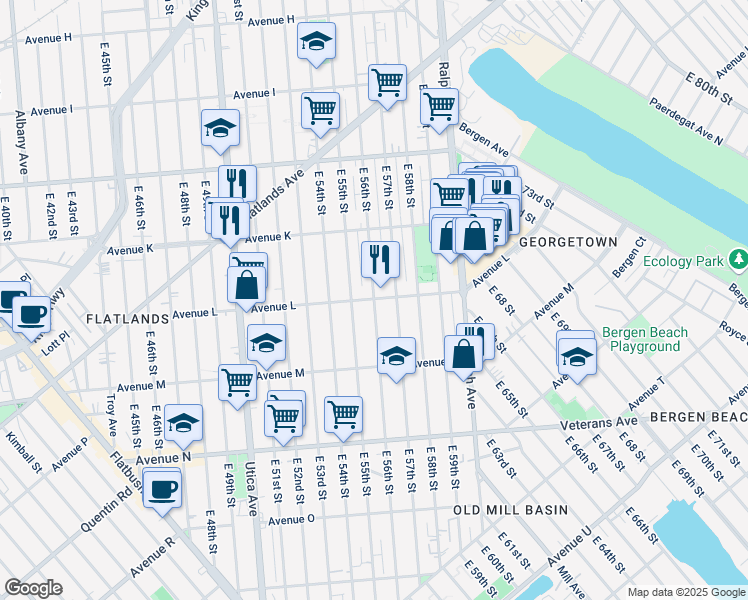 map of restaurants, bars, coffee shops, grocery stores, and more near Avenue L & East 56th Street in Brooklyn