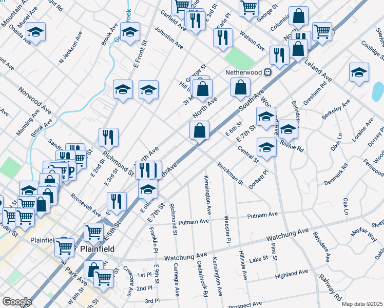 map of restaurants, bars, coffee shops, grocery stores, and more near 650 South Avenue in Plainfield