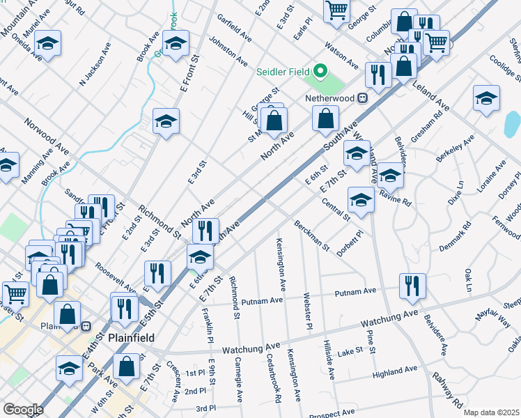 map of restaurants, bars, coffee shops, grocery stores, and more near 650 South Avenue in Plainfield