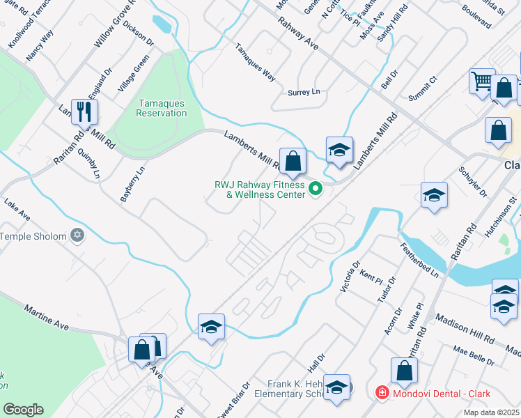 map of restaurants, bars, coffee shops, grocery stores, and more near 33 Spruce Mill Lane in Scotch Plains