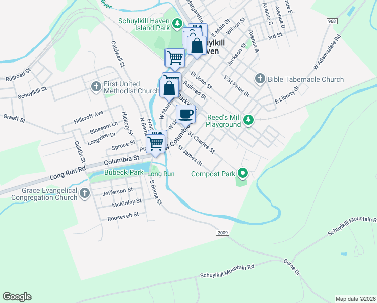 map of restaurants, bars, coffee shops, grocery stores, and more near 224 West Columbia Street in Schuylkill Haven