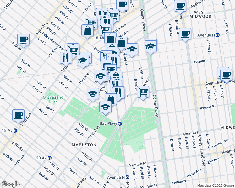 map of restaurants, bars, coffee shops, grocery stores, and more near 1189 McDonald Avenue in Brooklyn