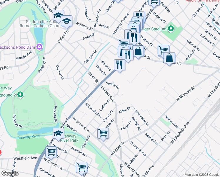 map of restaurants, bars, coffee shops, grocery stores, and more near 2423 Saint Georges Avenue in Rahway