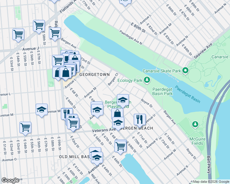 map of restaurants, bars, coffee shops, grocery stores, and more near 7206 Bergen Court in Brooklyn