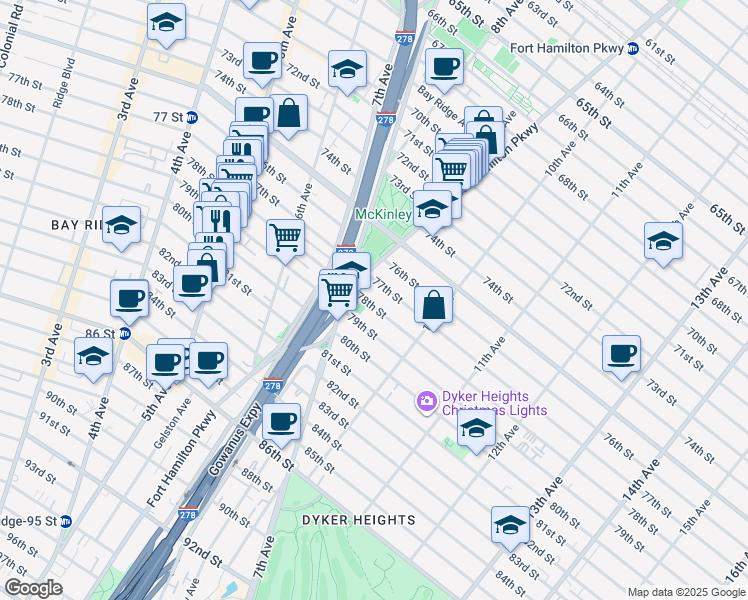 map of restaurants, bars, coffee shops, grocery stores, and more near 913 77th Street in Brooklyn