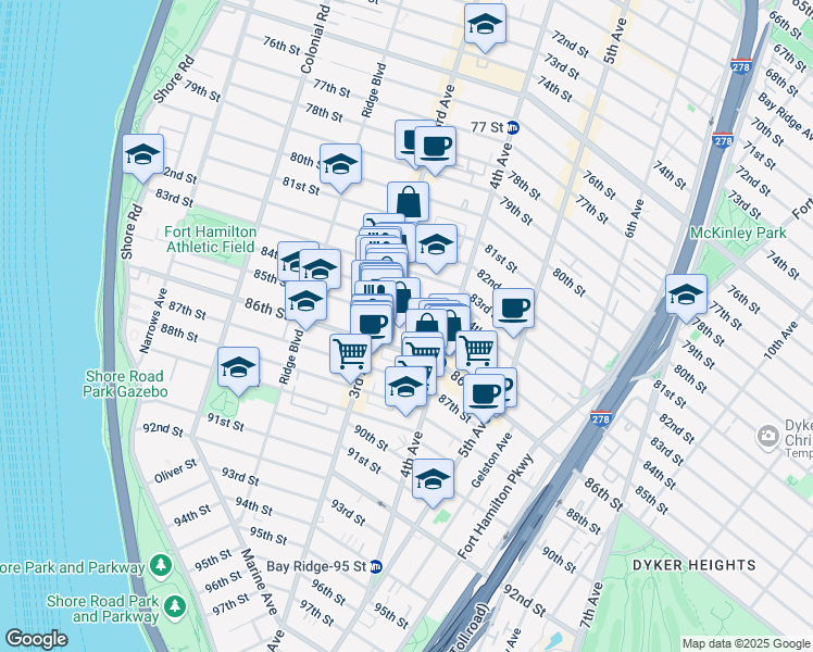 map of restaurants, bars, coffee shops, grocery stores, and more near 338 85th Street in Brooklyn