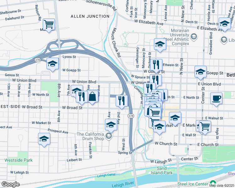 map of restaurants, bars, coffee shops, grocery stores, and more near 703 2nd Avenue in Bethlehem